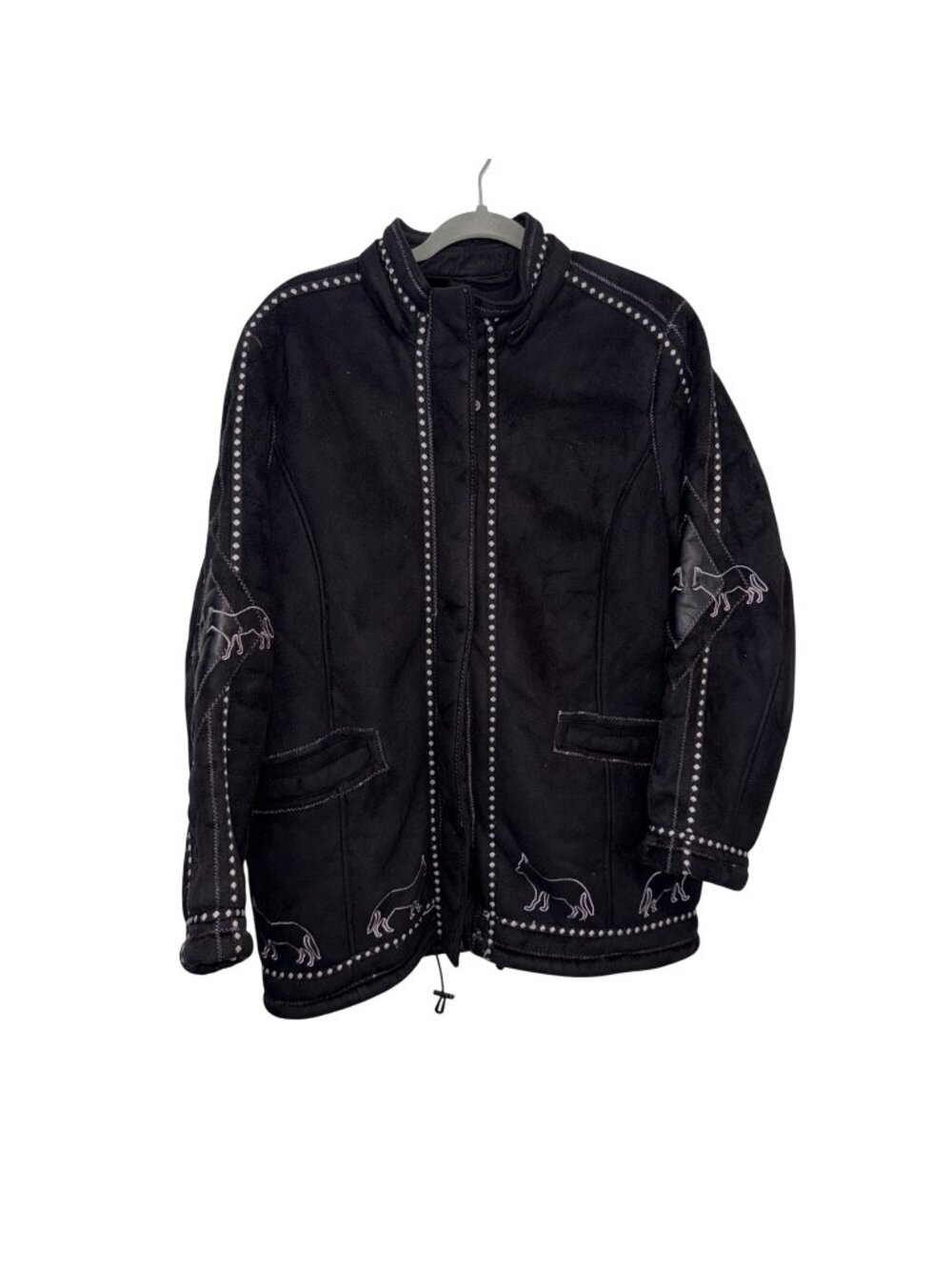 Ameri Mode Black Suede Jacket Embroidered Wolf/Fox Fleece Lined - Size L